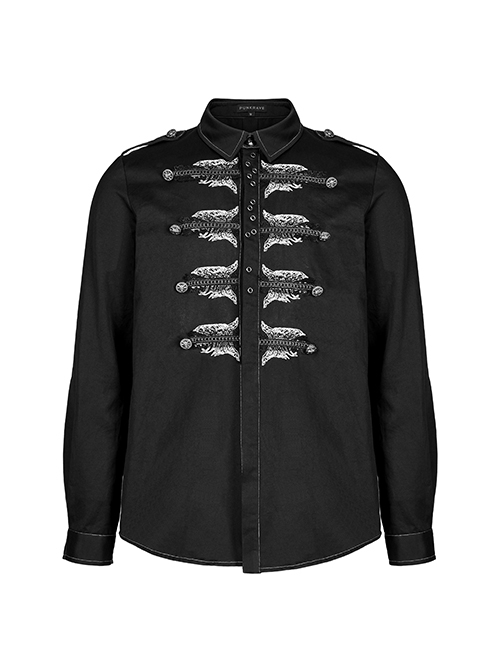 Punk Style Lapel Embroidered Skull Lace Embellished Metal Buttons Cool Black Long Sleeves Male Slim Shirt