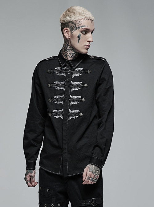 Punk Style Lapel Embroidered Skull Lace Embellished Metal Buttons Cool Black Long Sleeves Male Slim Shirt