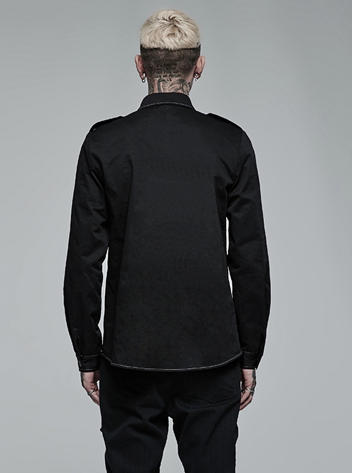 Punk Style Lapel Embroidered Skull Lace Embellished Metal Buttons Cool Black Long Sleeves Male Slim Shirt