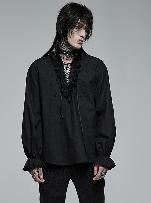 Gothic Style Elegant V Neck Skull Embroidered Lace Embellished Cross Straps Retro Black Long Sleeves Shirt