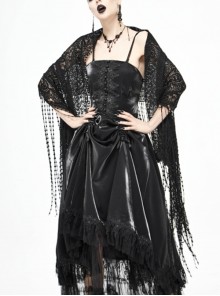 Gothic Style Exquisite Tassel Stitching Lace Print Black Slightly Transparent Shawl