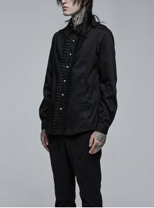 Gothic Style Lapel Exquisite Embroidery Applique Ruffle Placket Elegant Black Long Sleeves Male Shirt