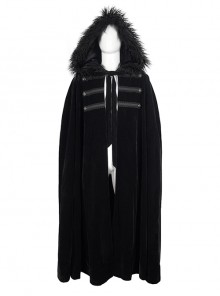 Gothic Style Simple Weft Velvet Front Lace Metal Buckle Decoration Black Detachable Hooded Cape