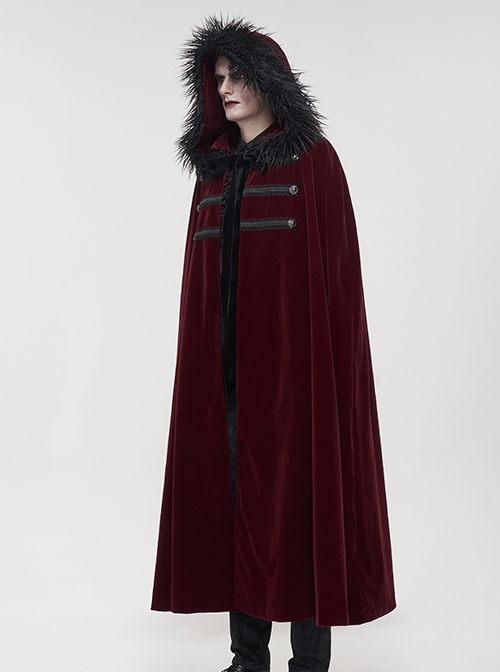 Gothic Style Simple Weft Velvet Front Lace Metal Buckle Decoration Red Detachable Hooded Cape