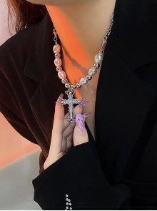 Hip Hop Trendy Personalized Diamond Cross Pendant Spliced Steel Beads Pearl Punk Style Necklace