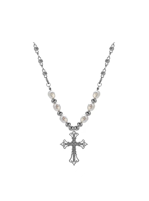 Hip Hop Trendy Personalized Diamond Cross Pendant Spliced Steel Beads Pearl Punk Style Necklace