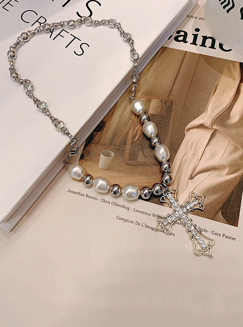 Hip Hop Trendy Personalized Diamond Cross Pendant Spliced Steel Beads Pearl Punk Style Necklace