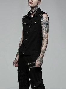 Punk Style Lapel Stretch Twill Fabric Front Placket Ghost Head Button Decoration Black Sleeveless Vest