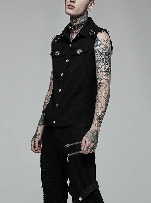 Punk Style Lapel Stretch Twill Fabric Front Placket Ghost Head Button Decoration Black Sleeveless Vest