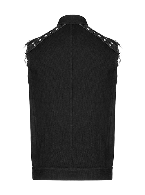 Punk Style Lapel Stretch Twill Fabric Front Placket Ghost Head Button Decoration Black Sleeveless Vest