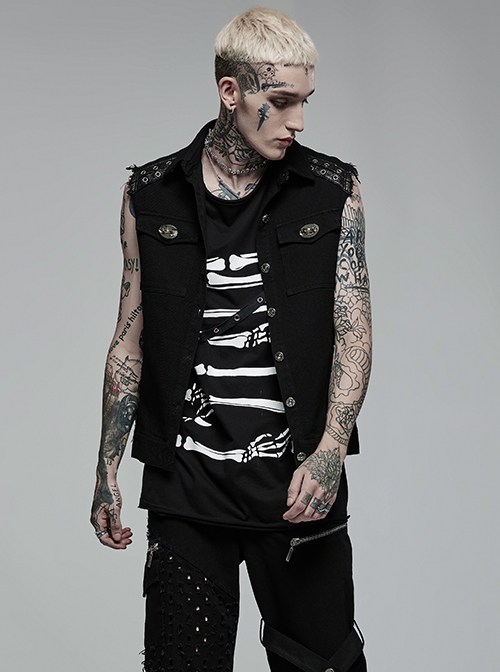 Punk Style Lapel Stretch Twill Fabric Front Placket Ghost Head Button Decoration Black Sleeveless Vest