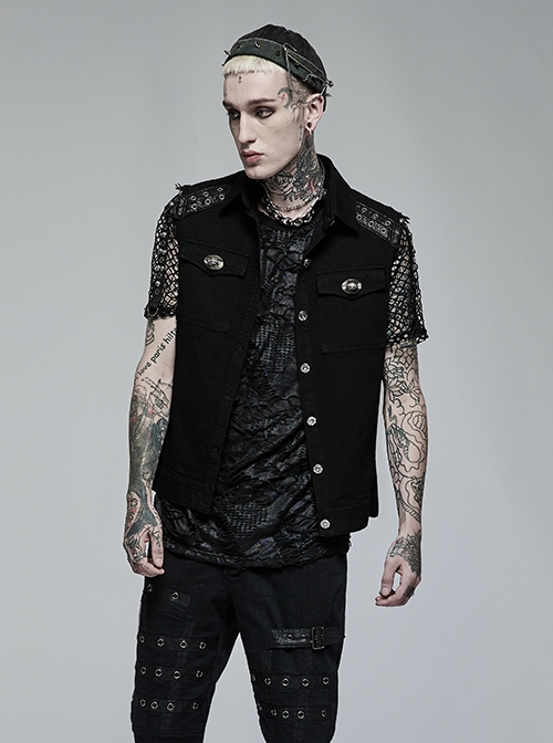 Punk Style Lapel Stretch Twill Fabric Front Placket Ghost Head Button Decoration Black Sleeveless Vest