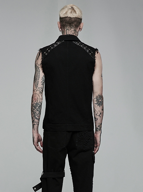 Punk Style Lapel Stretch Twill Fabric Front Placket Ghost Head Button Decoration Black Sleeveless Vest