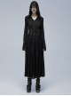 Gothic Style Exquisite Embroidery Applique Retro Metal Buttons Black Trumpet Sleeves Hooded Slim Long Coat