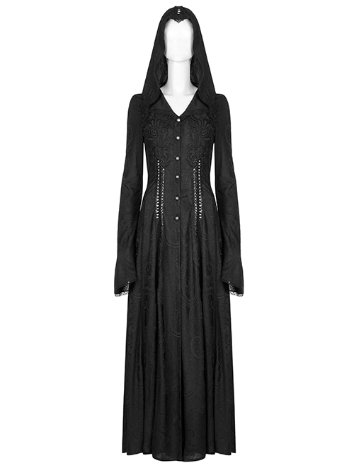 Gothic Style Exquisite Embroidery Applique Retro Metal Buttons Black Trumpet Sleeves Hooded Slim Long Coat