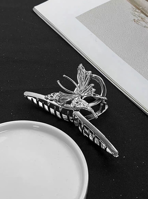 Liquid Metal Punk Style Silver Electroplated Alloy Sweet Cool Butterfly Bun Hair Shark Hair Clip