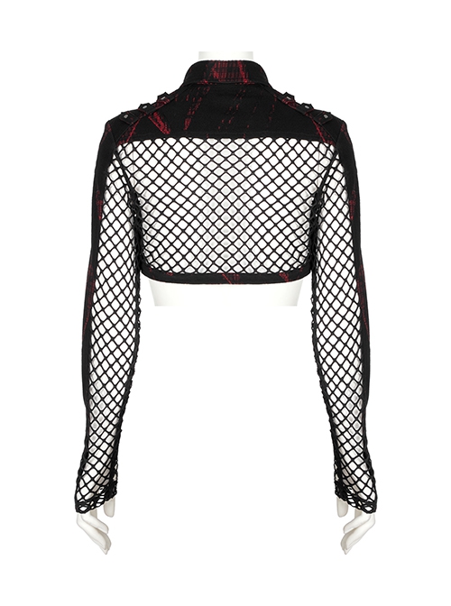 Punk Style Irregular Print Knitted Fabric Spliced ​​With Mesh Unique Spiked Hem Black Long Sleeves Jacket