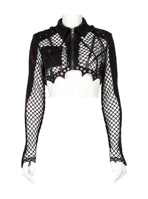 Punk Style Irregular Print Knitted Fabric Spliced ​​With Mesh Unique Spiked Hem Black Long Sleeves Jacket