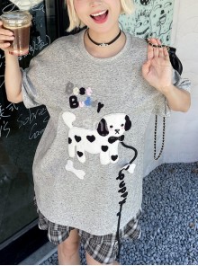 Summer Cute Cartoon Bone Dalmatian Puppy Patch Grey Crew Neck Kawaii Fashion Loose Short Sleeves T-Shirt