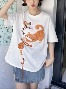 3D Cute Sweet Cartoon Orange Cat Yarn Ball Patch Kawaii Fashion White Cotton Short Sleeves T-Shirt