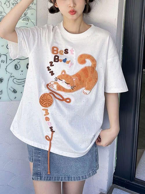 3D Cute Sweet Cartoon Orange Cat Yarn Ball Patch Kawaii Fashion White Cotton Short Sleeves T-Shirt