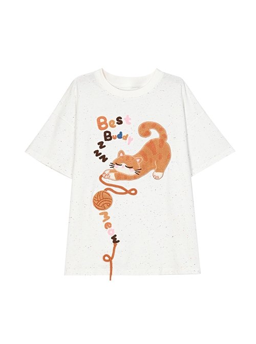 3D Cute Sweet Cartoon Orange Cat Yarn Ball Patch Kawaii Fashion White Cotton Short Sleeves T-Shirt