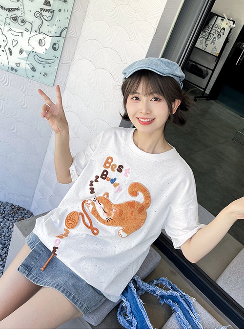 3D Cute Sweet Cartoon Orange Cat Yarn Ball Patch Kawaii Fashion White Cotton Short Sleeves T-Shirt