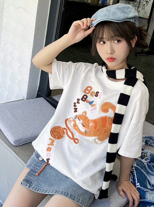 3D Cute Sweet Cartoon Orange Cat Yarn Ball Patch Kawaii Fashion White Cotton Short Sleeves T-Shirt