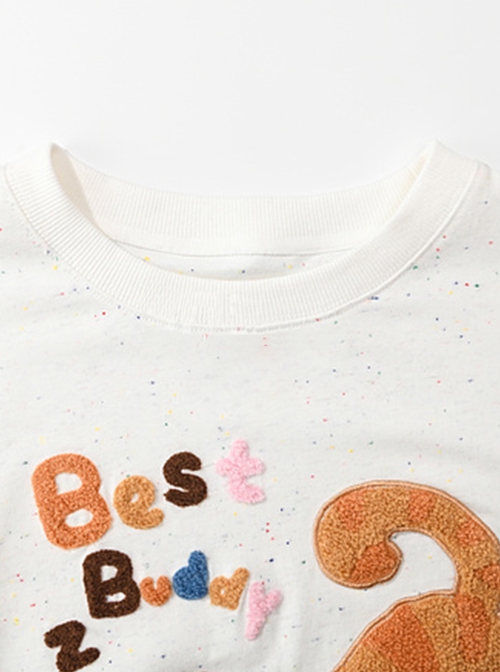 3D Cute Sweet Cartoon Orange Cat Yarn Ball Patch Kawaii Fashion White Cotton Short Sleeves T-Shirt