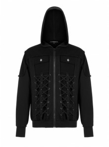 Punk Style Fashionable Drawstring Design Metal Devil Buckle Decoration Black Long Sleeves Hooded Loose Jacket