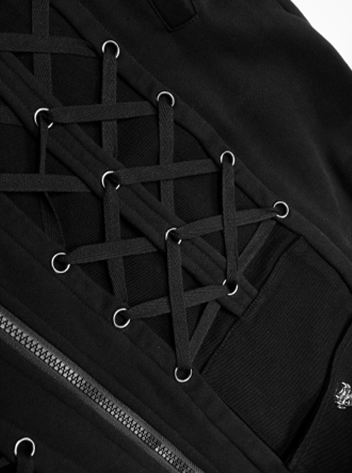 Punk Style Fashionable Drawstring Design Metal Devil Buckle Decoration Black Long Sleeves Hooded Loose Jacket