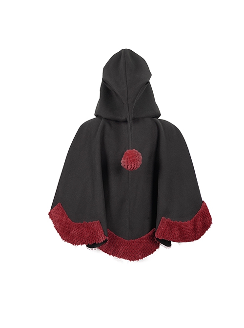 Gothic Style Soft Wool Front Red Lace With Black Thermal Fabric  Hooded Shawl