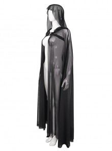 Punk Style Elastic See Through Mesh Fabric With Metal Five Pointed Star Decoration On The Chest Black Hooded Long Cape