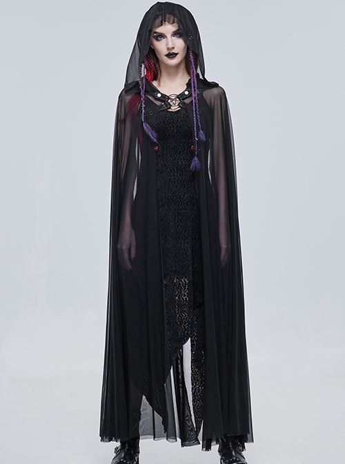 Punk Style Elastic See Through Mesh Fabric With Metal Five Pointed Star Decoration On The Chest Black Hooded Long Cape