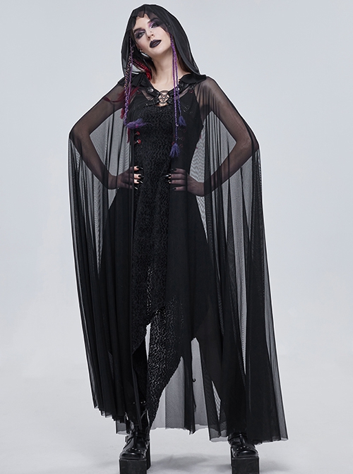 Punk Style Elastic See Through Mesh Fabric With Metal Five Pointed Star Decoration On The Chest Black Hooded Long Cape