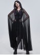 Punk Style Elastic See Through Mesh Fabric With Metal Five Pointed Star Decoration On The Chest Black Hooded Long Cape