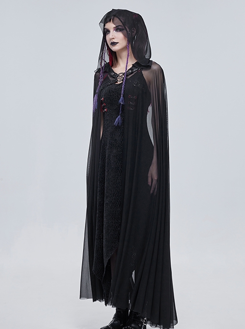 Punk Style Elastic See Through Mesh Fabric With Metal Five Pointed Star Decoration On The Chest Black Hooded Long Cape