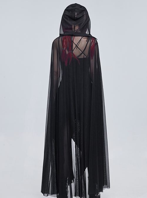 Punk Style Elastic See Through Mesh Fabric With Metal Five Pointed Star Decoration On The Chest Black Hooded Long Cape