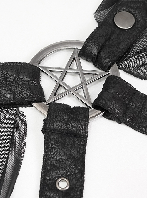 Punk Style Elastic See Through Mesh Fabric With Metal Five Pointed Star Decoration On The Chest Black Hooded Long Cape