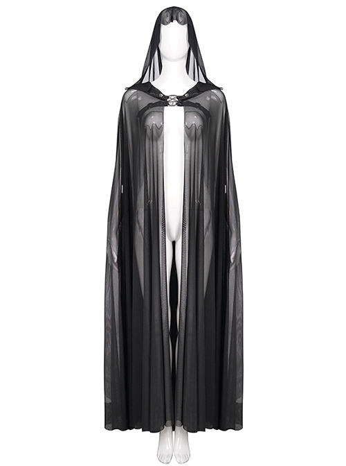 Punk Style Elastic See Through Mesh Fabric With Metal Five Pointed Star Decoration On The Chest Black Hooded Long Cape