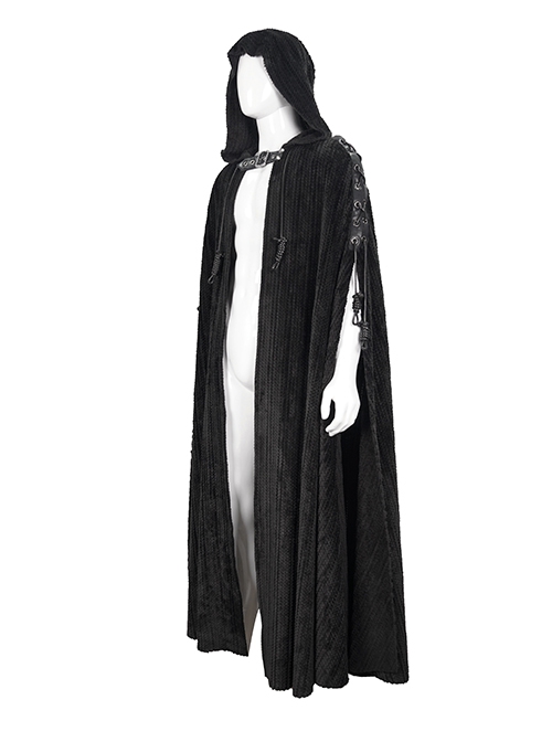 Gothic Style Simple Corduroy Shoulder Straps With Black Vertical Wool Leather Eyelets Adjustable Men's Hooded Cape