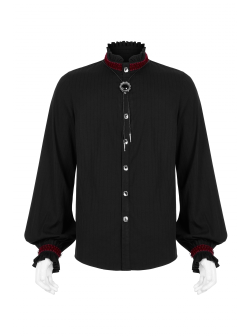 Gothic Style Stand Collar Classical Picture Frame Button Red Ribbon Decoration Vintage Black Lantern Sleeve Shirt