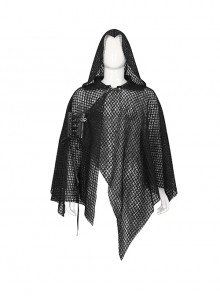 Punk Style Personality Irregular Mesh Front Chest Metal Eyelet Tie Black Hollow Hooded Cloak