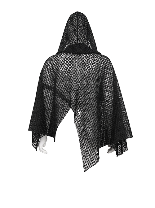 Punk Style Personality Irregular Mesh Front Chest Metal Eyelet Tie Black Hollow Hooded Cloak