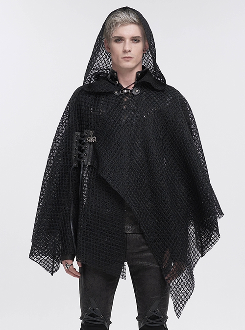 Punk Style Personality Irregular Mesh Front Chest Metal Eyelet Tie Black Hollow Hooded Cloak