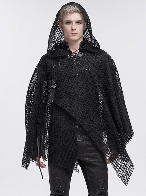 Punk Style Personality Irregular Mesh Front Chest Metal Eyelet Tie Black Hollow Hooded Cloak