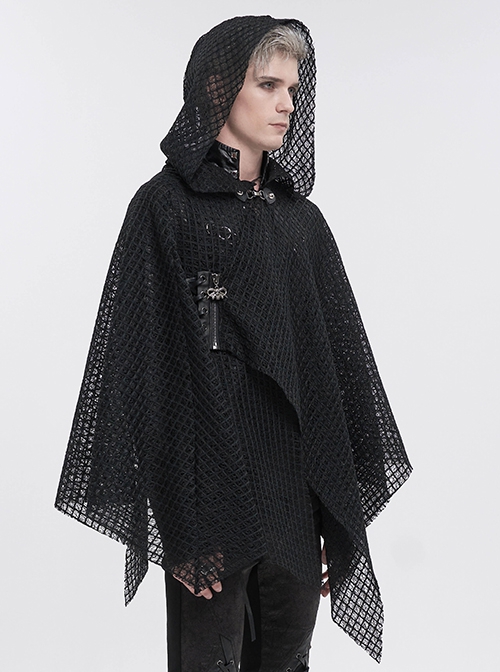 Punk Style Personality Irregular Mesh Front Chest Metal Eyelet Tie Black Hollow Hooded Cloak