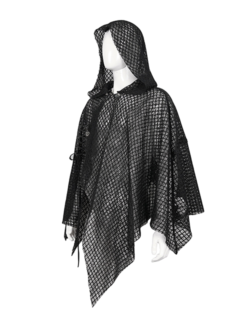 Punk Style Personality Irregular Mesh Front Chest Metal Eyelet Tie Black Hollow Hooded Cloak