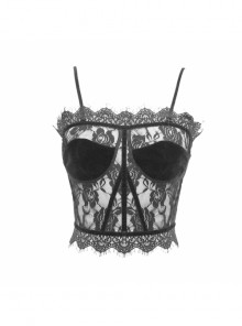 Gothic Style Sexy Velvet Splicing Hollow Lace Back Adjustable Straps Black Micro-Transparent Suspender Corset