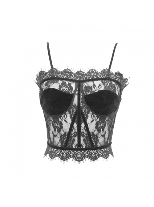 Gothic Style Sexy Velvet Splicing Hollow Lace Back Adjustable Straps Black Micro-Transparent Suspender Corset